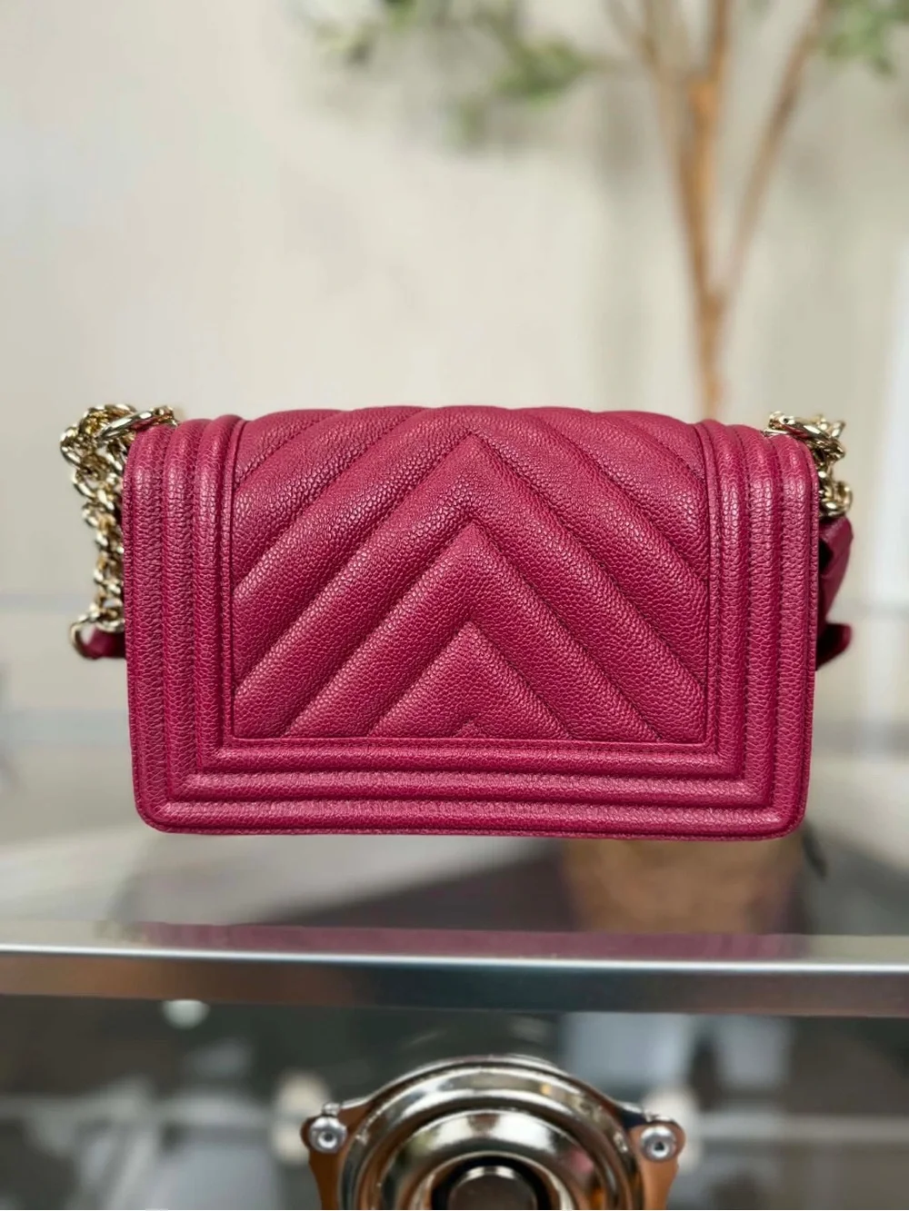 CHANEL Boy Chevron Quilted Crossbody Bag in Deep Berry with Gold Hardware